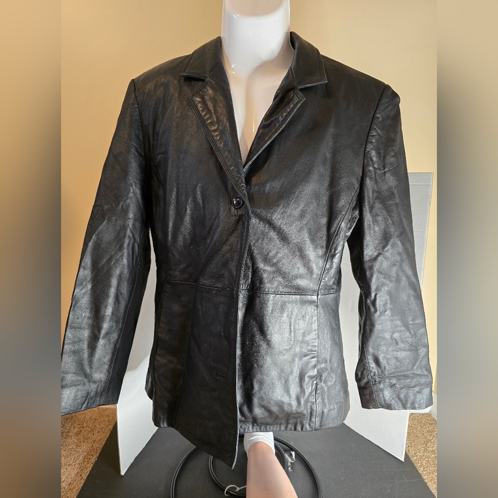 Nicole Miller Vintage Black Leather Jacket Pockets Button Womens Size Medium